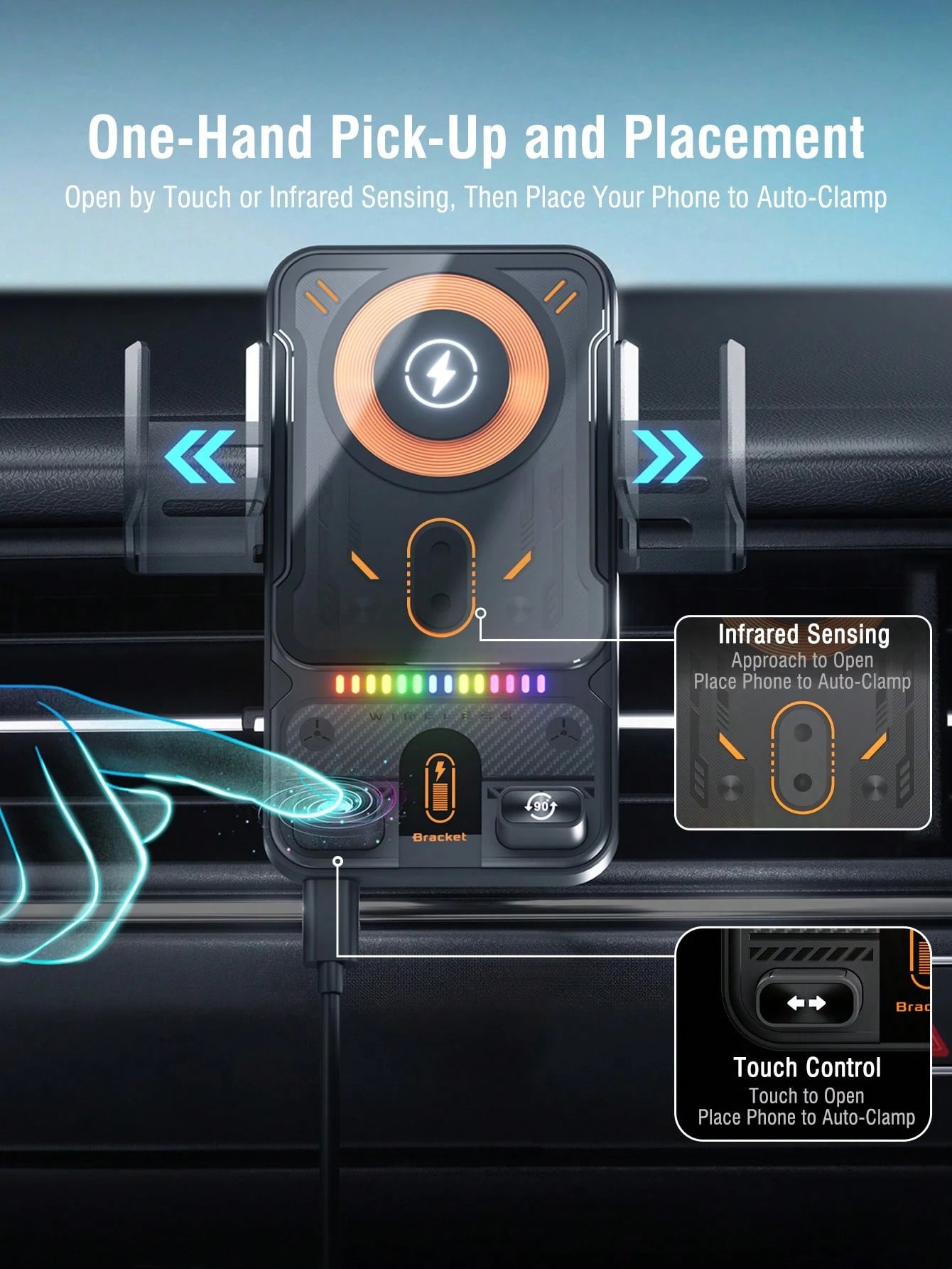 REMAX 15W Wireless Fast Charging Car Phone Holder With RGB Light, Auto Open/Close & Sensor, Overheat Protection, Type-C Interface, Compatible With IPhone And Android, Supports Phone Cases, Universal C