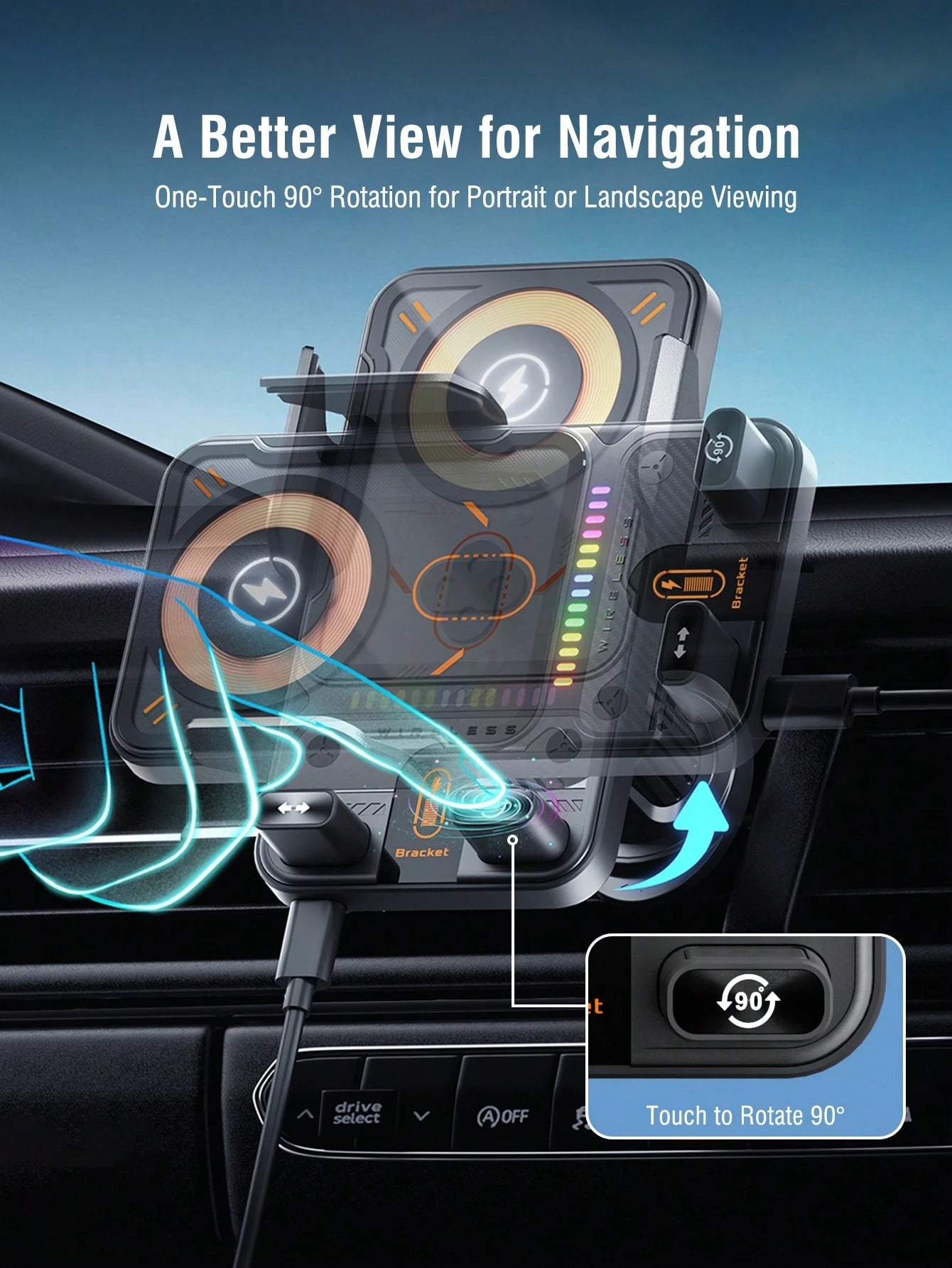 REMAX 15W Wireless Fast Charging Car Phone Holder With RGB Light, Auto Open/Close & Sensor, Overheat Protection, Type-C Interface, Compatible With IPhone And Android, Supports Phone Cases, Universal C