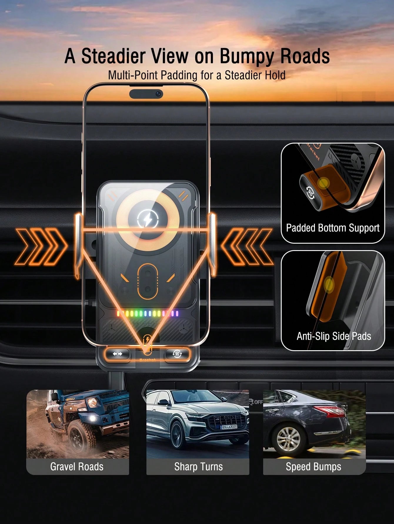 REMAX 15W Wireless Fast Charging Car Phone Holder With RGB Light, Auto Open/Close & Sensor, Overheat Protection, Type-C Interface, Compatible With IPhone And Android, Supports Phone Cases, Universal C