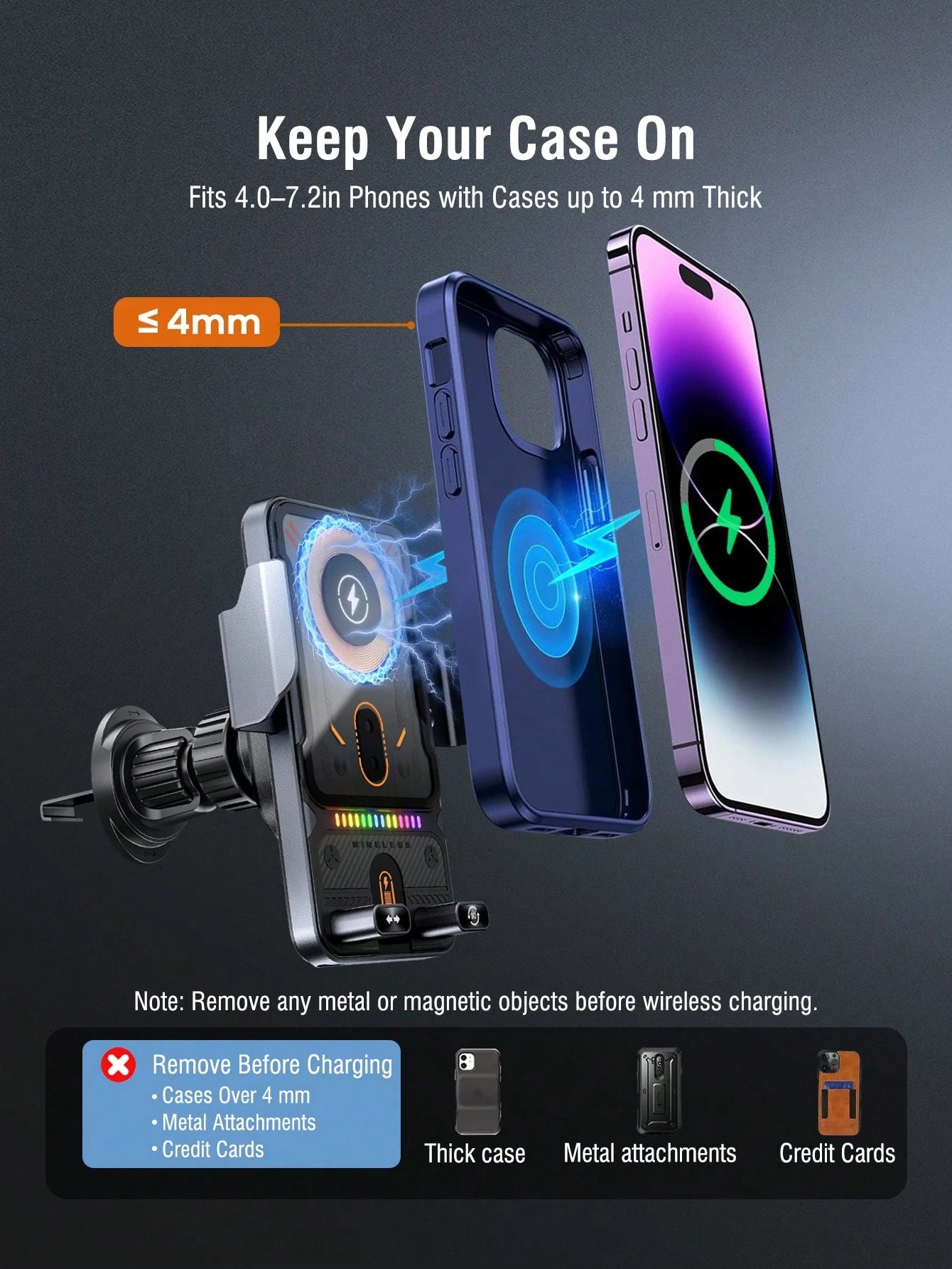 REMAX 15W Wireless Fast Charging Car Phone Holder With RGB Light, Auto Open/Close & Sensor, Overheat Protection, Type-C Interface, Compatible With IPhone And Android, Supports Phone Cases, Universal C