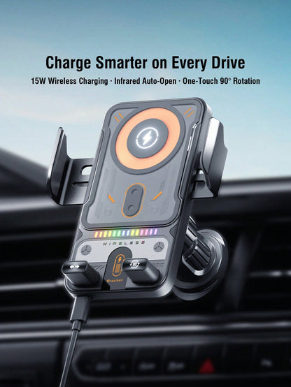 REMAX 15W Wireless Fast Charging Car Phone Holder With RGB Light, Auto Open/Close & Sensor, Overheat Protection, Type-C Interface, Compatible With IPhone And Android, Supports Phone Cases, Universal C