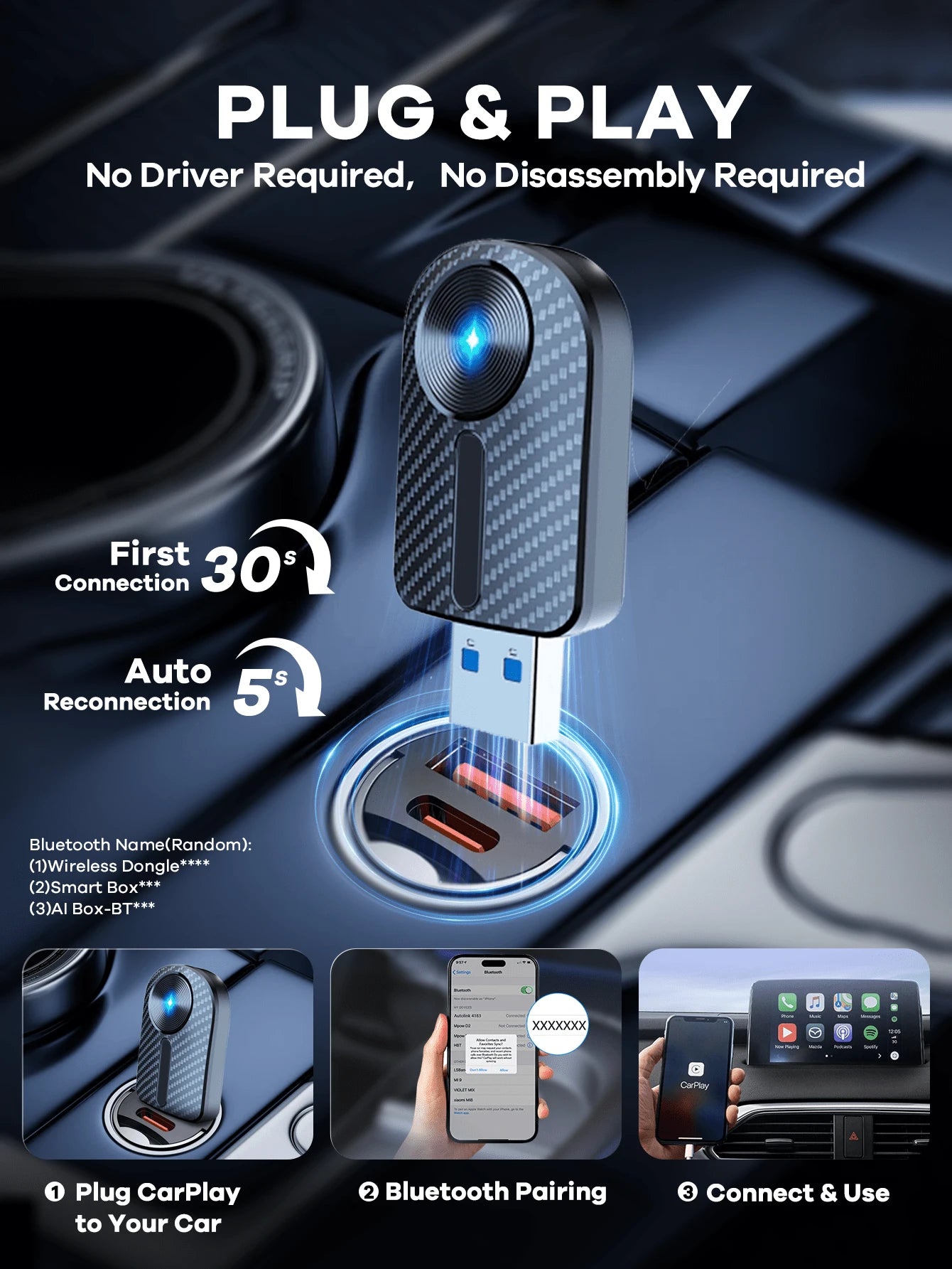 REMAX 2-In-1 Wireless CarPlay & Android Auto Adapter; Plug & Play Compatible With IPhone/Android; Lag-Free Connection; Mini Size With Extension USB-C/Type-C; Fits 900+ Cars