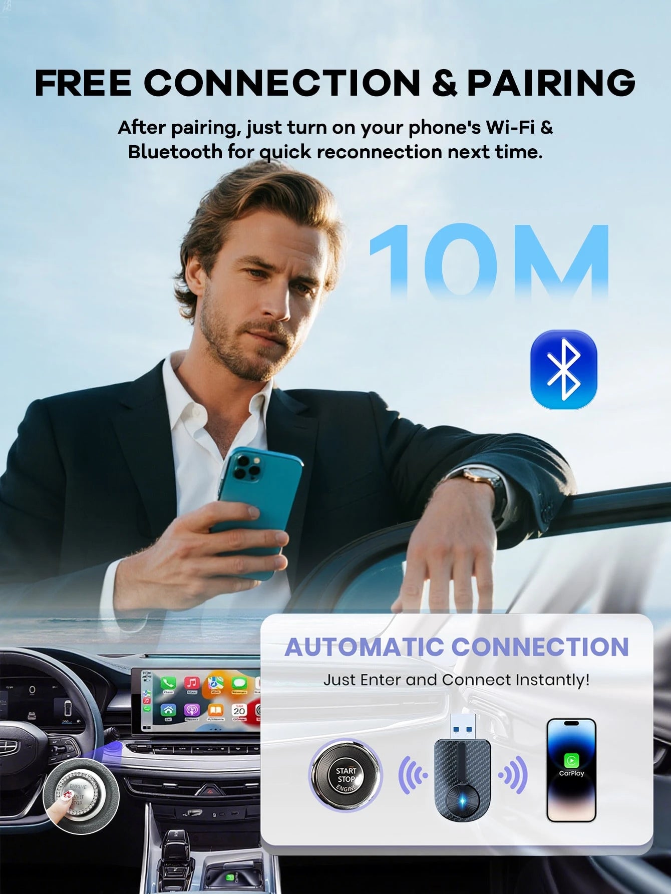 REMAX 2-In-1 Wireless CarPlay & Android Auto Adapter; Plug & Play Compatible With IPhone/Android; Lag-Free Connection; Mini Size With Extension USB-C/Type-C; Fits 900+ Cars