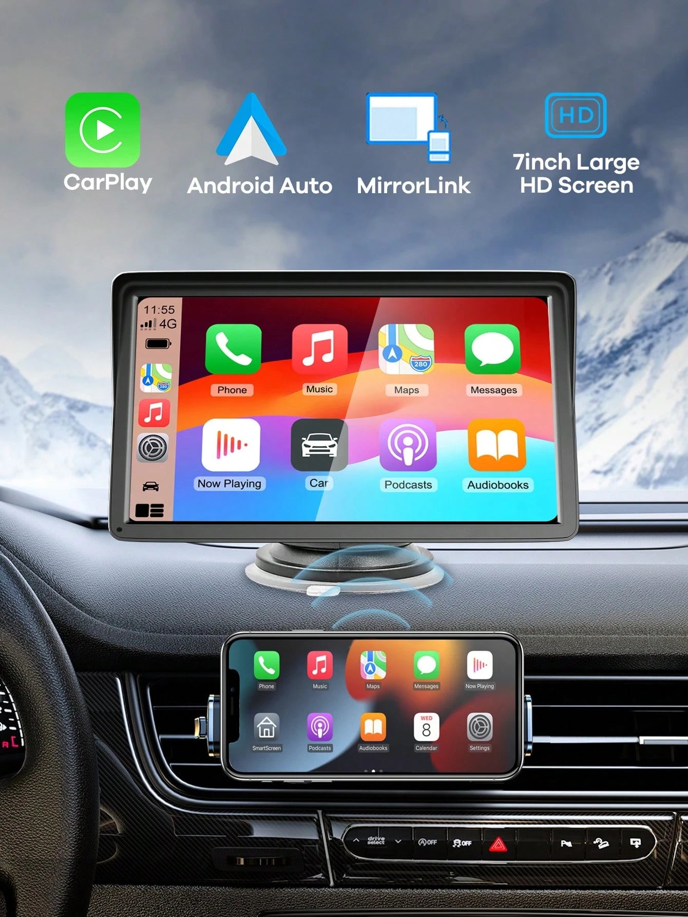 REMAX 7-Inch Universal Car Display Monitor; Built-In Wireless CarPlay And Android Auto; Plug And Play; Car Display Monitor; Touchscreen; Quick Install Car Accessories; Fit For All Car Models; Automoti