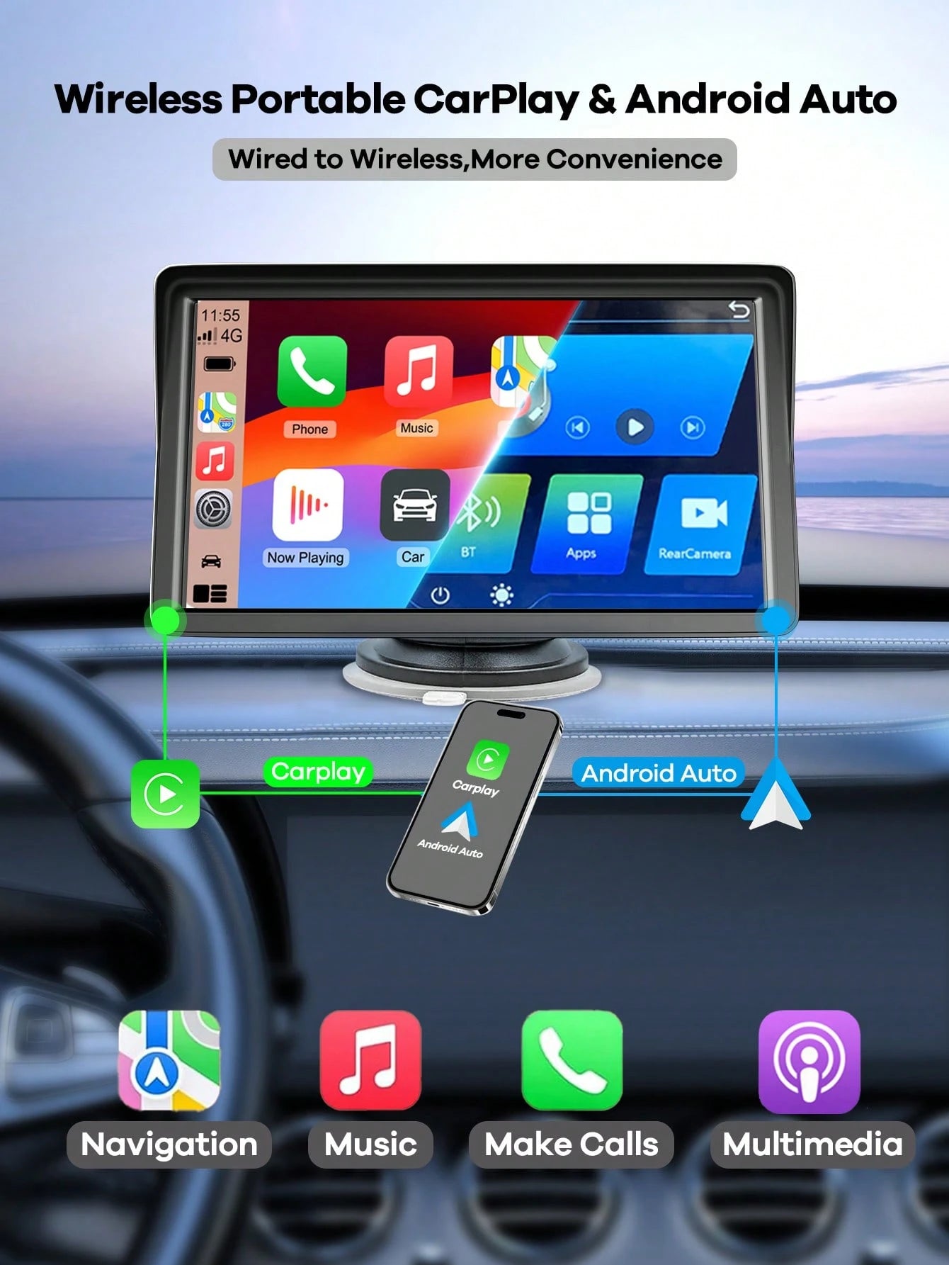 REMAX 7-Inch Universal Car Display Monitor; Built-In Wireless CarPlay And Android Auto; Plug And Play; Car Display Monitor; Touchscreen; Quick Install Car Accessories; Fit For All Car Models; Automoti