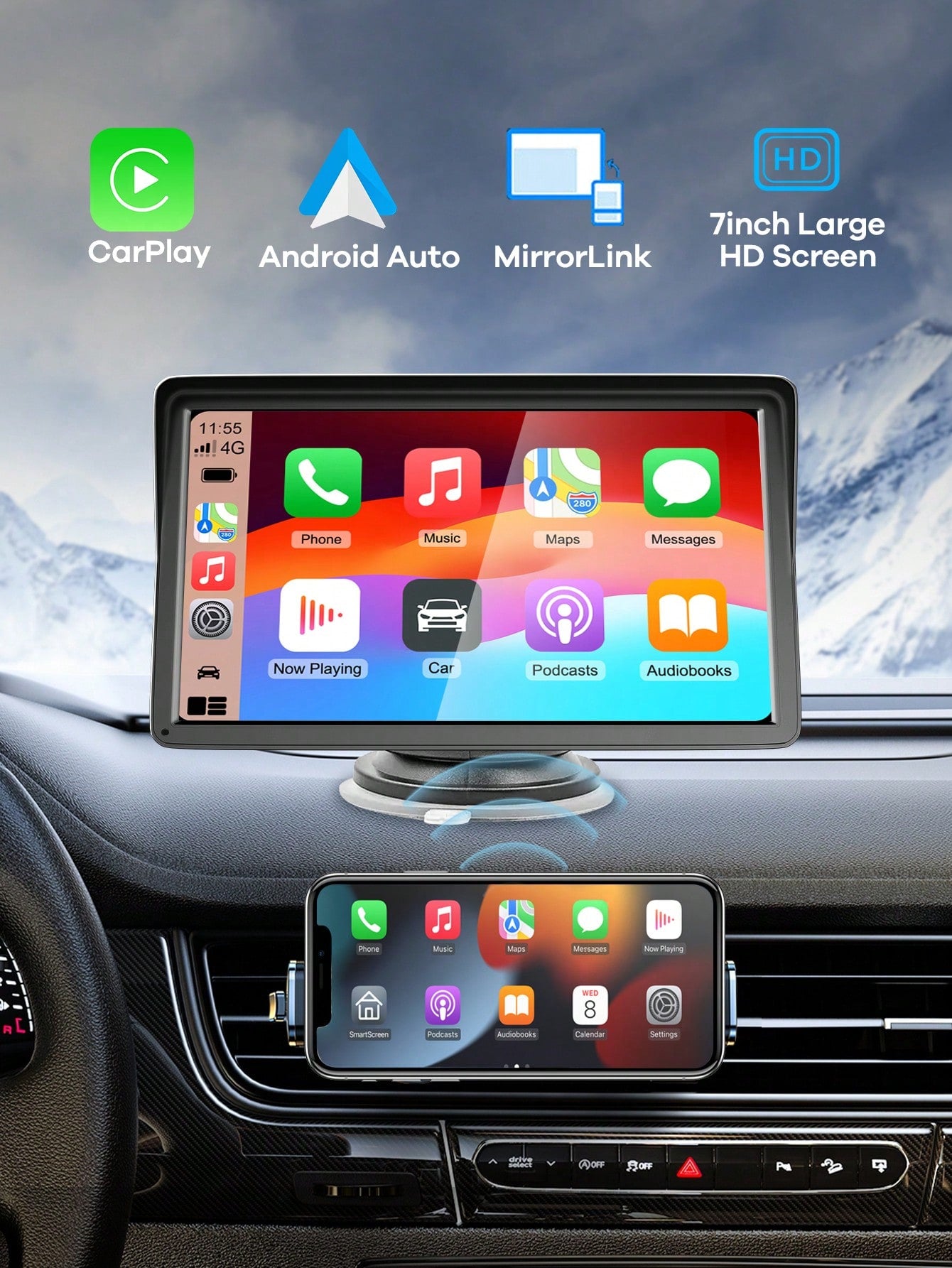 REMAX 7-Inch Universal Car Display Monitor; Built-In Wireless CarPlay And Android Auto; Plug And Play; Car Display Monitor; Touchscreen; Quick Install Car Accessories; Fit For All Car Models; Automoti