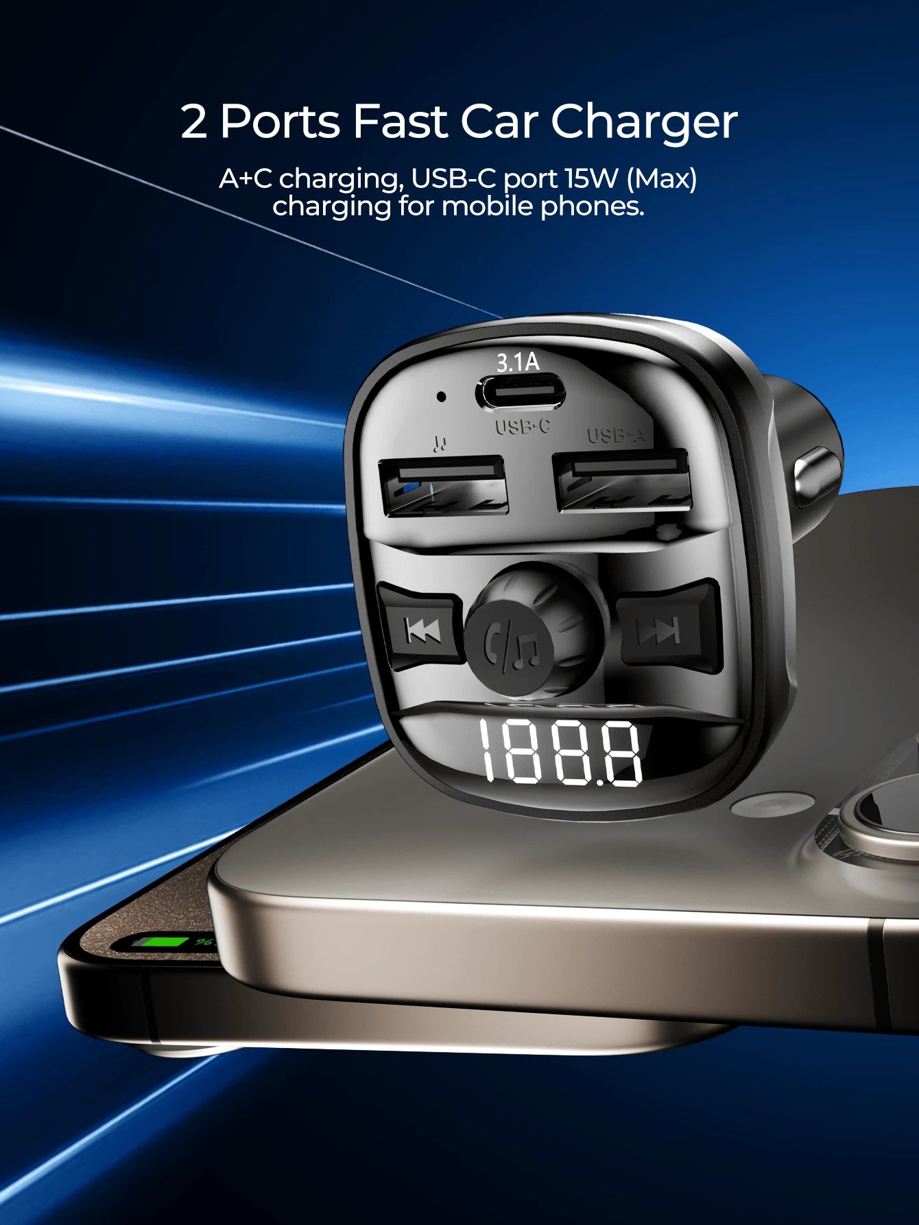 REMAX Car Bluetooth FM Transmitter With Hands-Free Calling, Wireless Audio Adapter, MP3 Music Player, USB Flash Drive Support, USB-C & USB-A Charging, LED Display For 12V-24V Vehicles