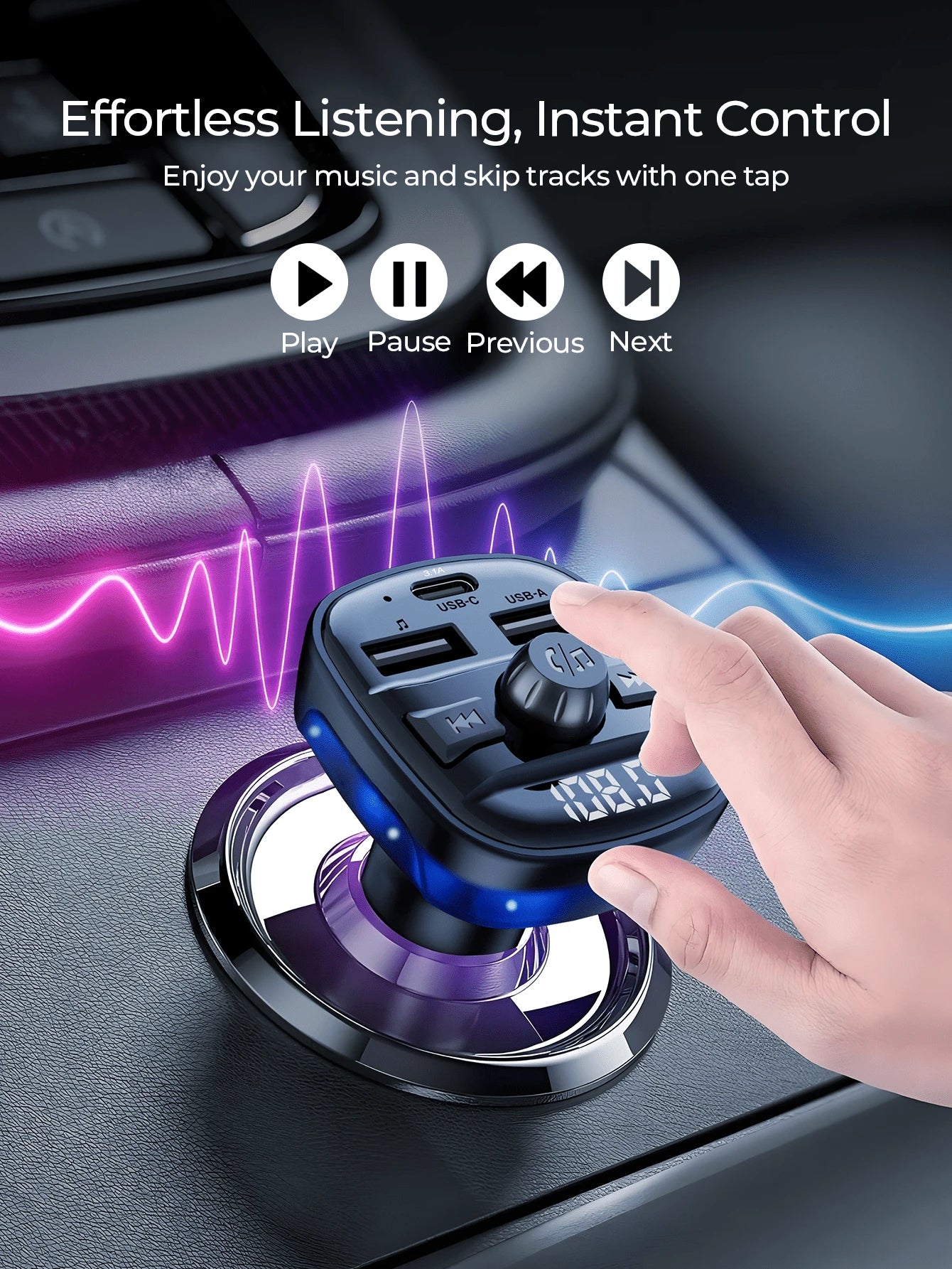 REMAX Car Bluetooth FM Transmitter With Hands-Free Calling, Wireless Audio Adapter, MP3 Music Player, USB Flash Drive Support, USB-C & USB-A Charging, LED Display For 12V-24V Vehicles