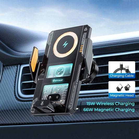 REMAX Transparent Mecha Style Ultra-Thin Car Mount, Smart Sensor Auto Open/Close, 15W Wireless + 66W Magnetic Fast Charging, 360° Adjustable, RGB Ambient Light, Car Accessories, Car Stuff, Car Essenti