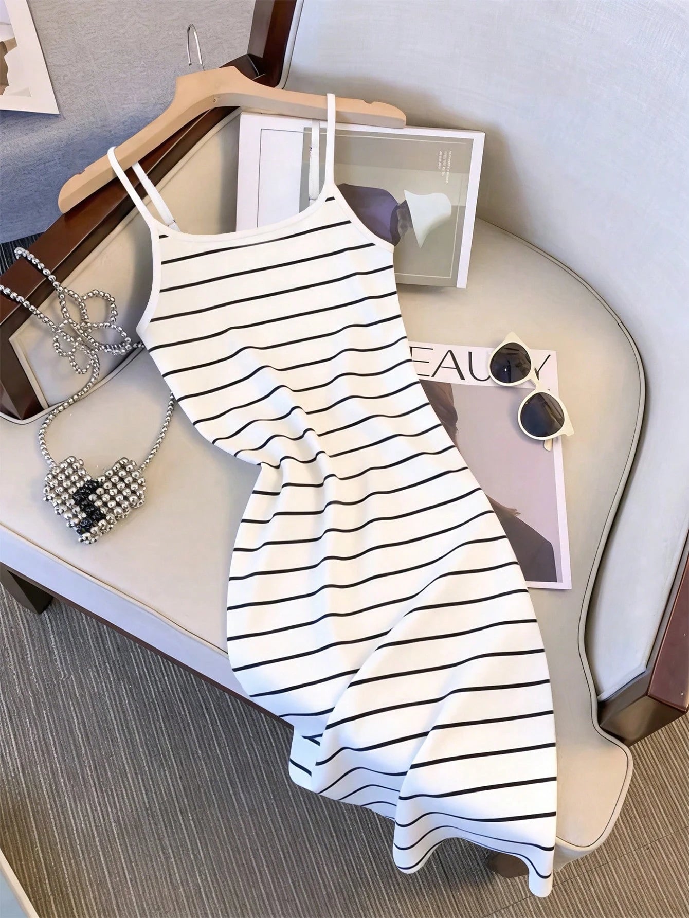 Resyla Hot New Style, Gentle Style Spaghetti Strap Striped Suspender Skirt, Slimming Version, Versatile For Daily Commuting And Dating In Spring And Summer