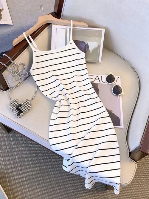 Resyla Hot New Style, Gentle Style Spaghetti Strap Striped Suspender Skirt, Slimming Version, Versatile For Daily Commuting And Dating In Spring And Summer