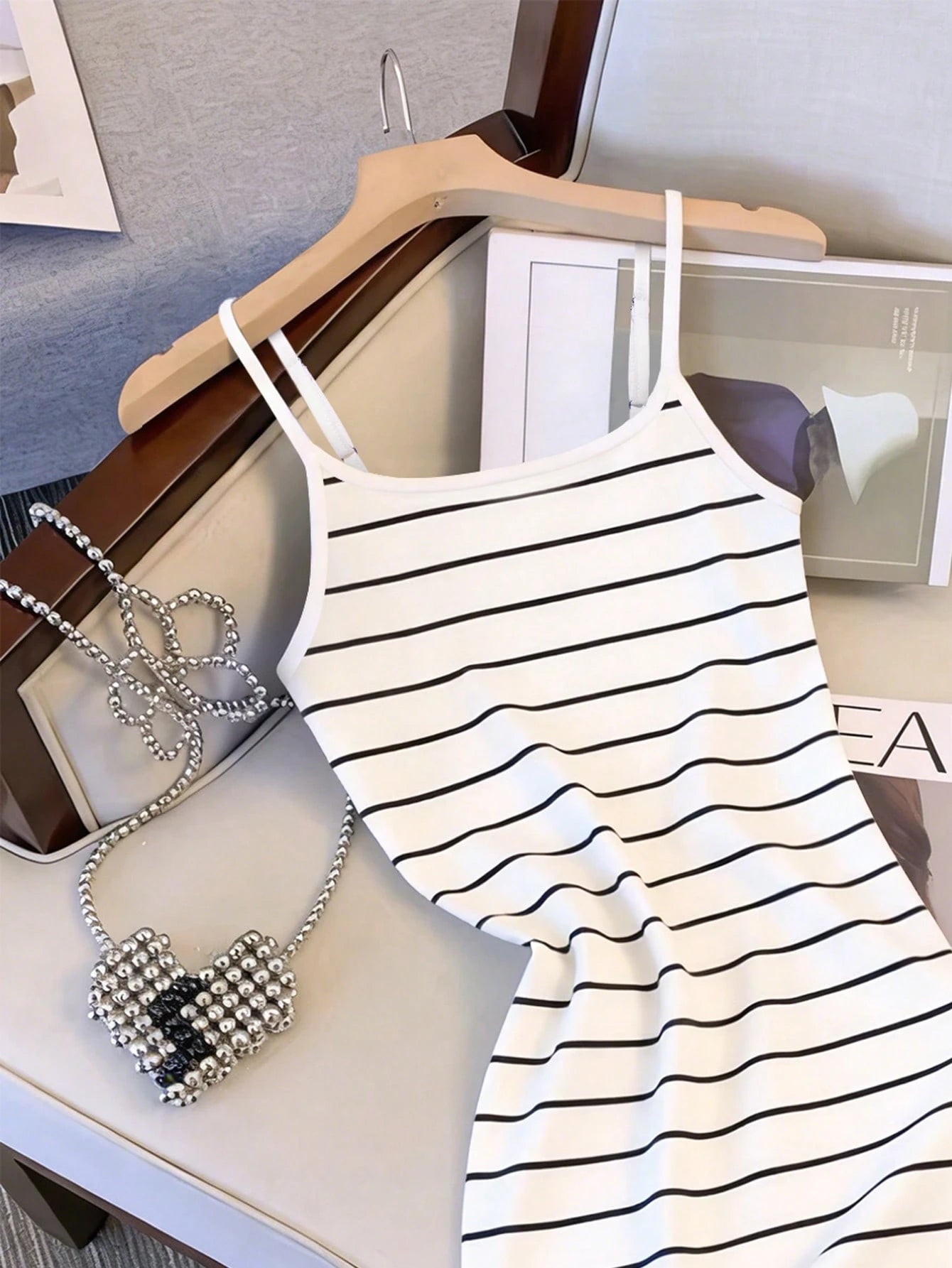 Resyla Hot New Style, Gentle Style Spaghetti Strap Striped Suspender Skirt, Slimming Version, Versatile For Daily Commuting And Dating In Spring And Summer