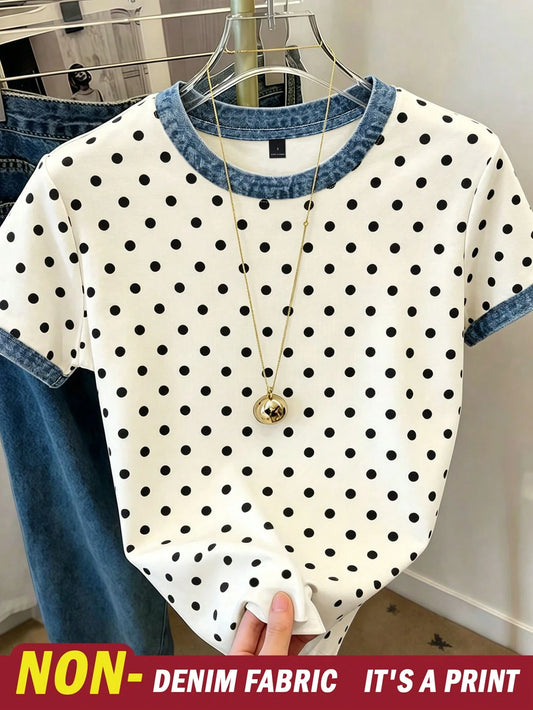Resyla Women's Casual Polka Dot Print Round Neck Short Sleeve T-Shirt, Summer