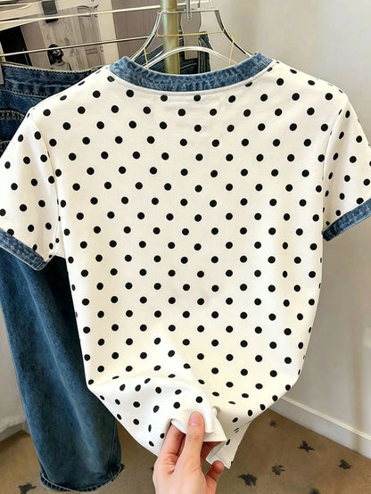 Resyla Women's Casual Polka Dot Print Round Neck Short Sleeve T-Shirt, Summer