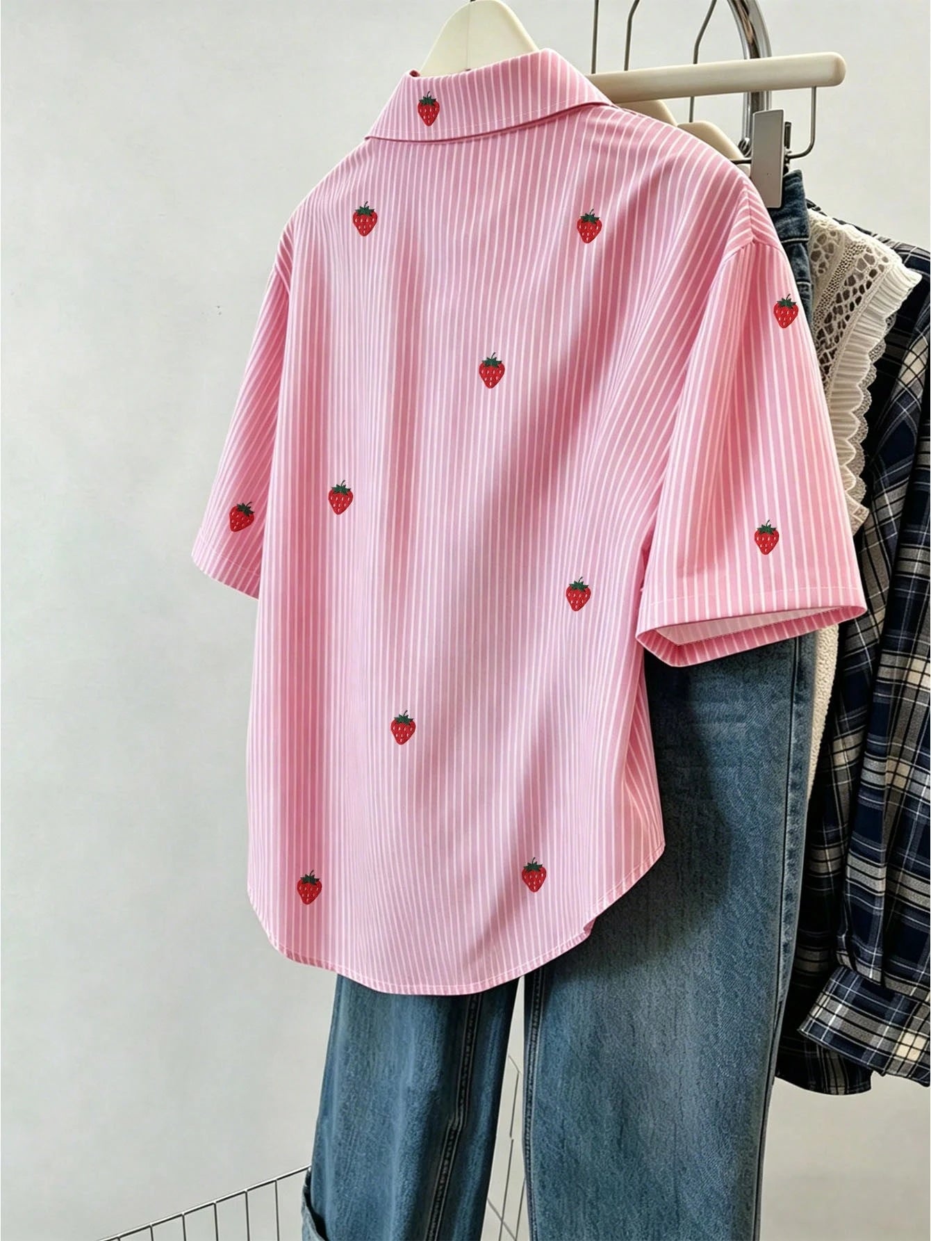 Resyla Women's Strawberry Striped Single-Breasted Casual Short Sleeve Shirt
