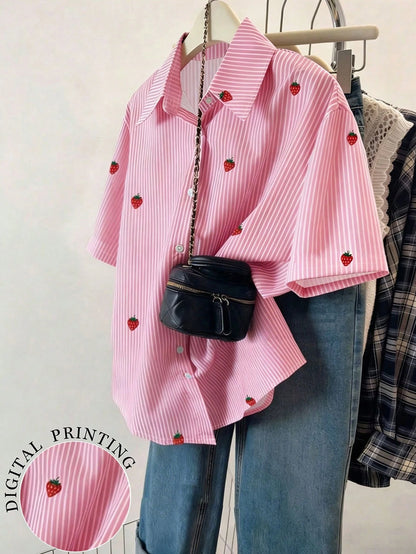 Resyla Women's Strawberry Striped Single-Breasted Casual Short Sleeve Shirt