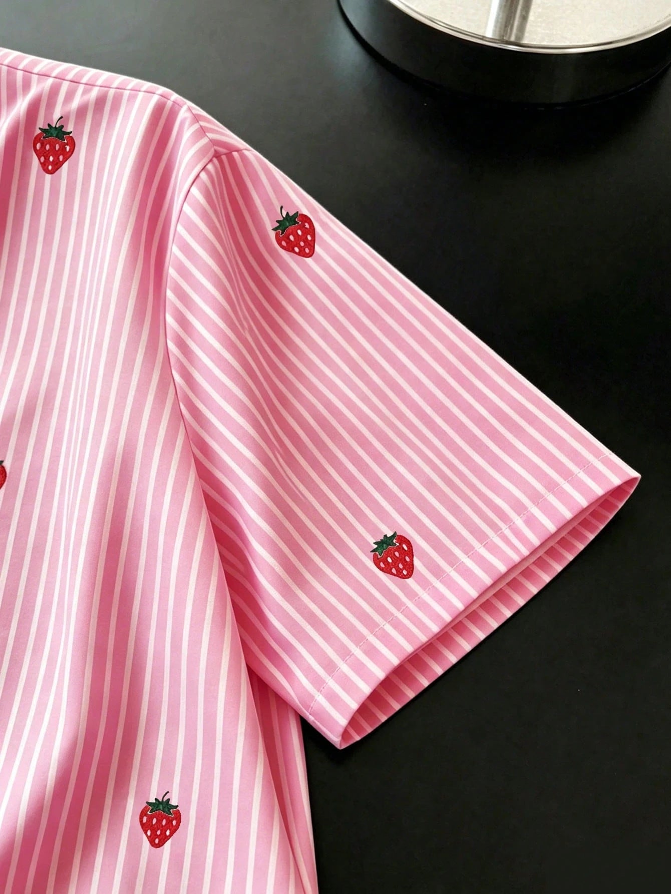 Resyla Women's Strawberry Striped Single-Breasted Casual Short Sleeve Shirt