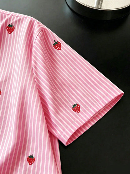 Resyla Women's Strawberry Striped Single-Breasted Casual Short Sleeve Shirt