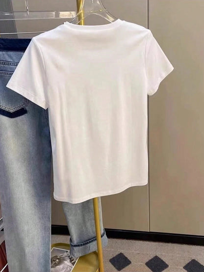 Resyla Women White And Blue Floral Summer Short-Sleeve T-Shirt,Casual Vacation Watercolor Print Round-Neck Loose Top,Artistic Basic Shirt,Mother's Day Gift
