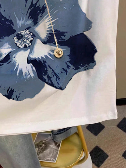 Resyla Women White And Blue Floral Summer Short-Sleeve T-Shirt,Casual Vacation Watercolor Print Round-Neck Loose Top,Artistic Basic Shirt,Mother's Day Gift