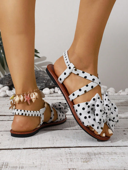 Retro Polka Dot Big Bow Flat Sandals, Black Sweet Criss-Cross Elastic Band Open Back Design, Versatile Comfortable Shoes For Vacation, Commute, Date