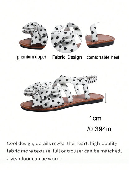 Retro Polka Dot Big Bow Flat Sandals, Black Sweet Criss-Cross Elastic Band Open Back Design, Versatile Comfortable Shoes For Vacation, Commute, Date