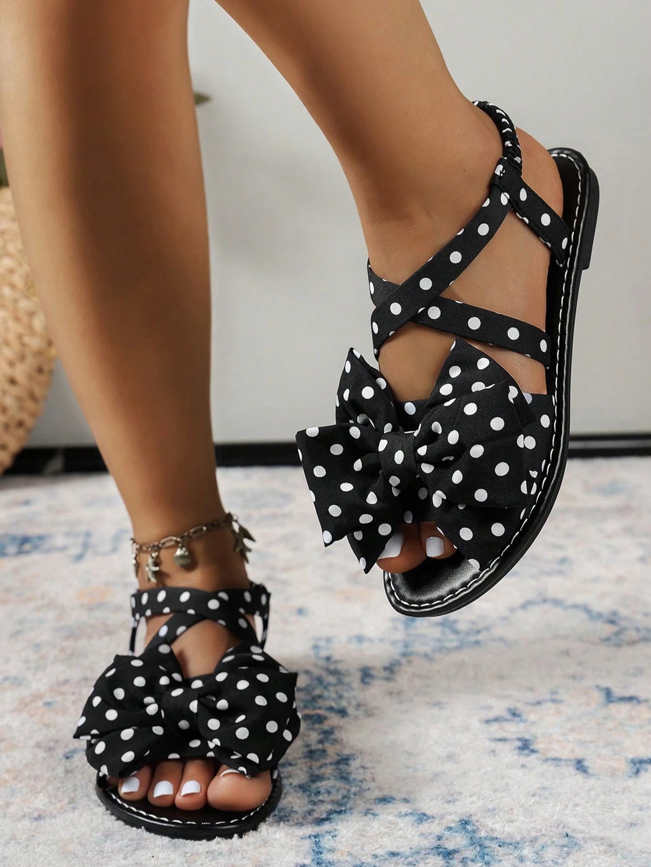 Retro Polka Dot Big Bow Flat Sandals, Black Sweet Criss-Cross Elastic Band Open Back Design, Versatile Comfortable Shoes For Vacation, Commute, Date