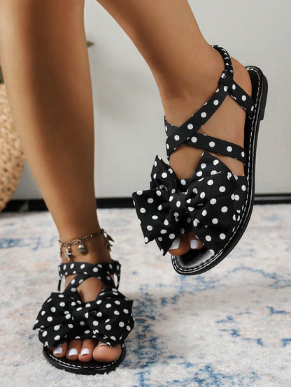 Retro Polka Dot Big Bow Flat Sandals, Black Sweet Criss-Cross Elastic Band Open Back Design, Versatile Comfortable Shoes For Vacation, Commute, Date