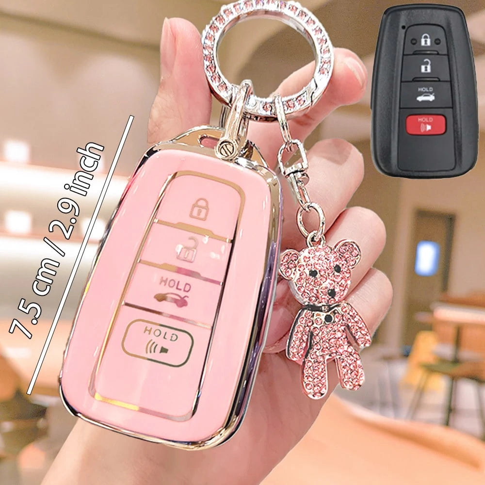 Rhinestone Bear Pendant Keychain With Full Protective TPU Key Fob Case, Fit For Cars 2018-2022 RAV4, Camry, Corolla, Avalon, C-HR, Prius, GT86, Highlander, Ideal Gift For Men And Women