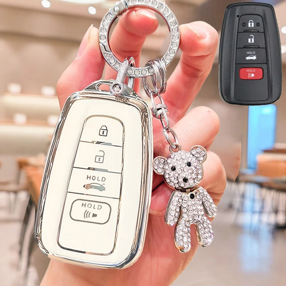 Rhinestone Bear Pendant Keychain With Full Protective TPU Key Fob Case, Fit For Cars 2018-2022 RAV4, Camry, Corolla, Avalon, C-HR, Prius, GT86, Highlander, Ideal Gift For Men And Women