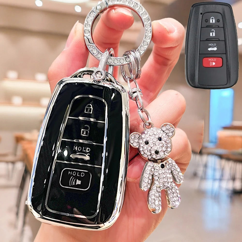 Rhinestone Bear Pendant Keychain With Full Protective TPU Key Fob Case, Fit For Cars 2018-2022 RAV4, Camry, Corolla, Avalon, C-HR, Prius, GT86, Highlander, Ideal Gift For Men And Women