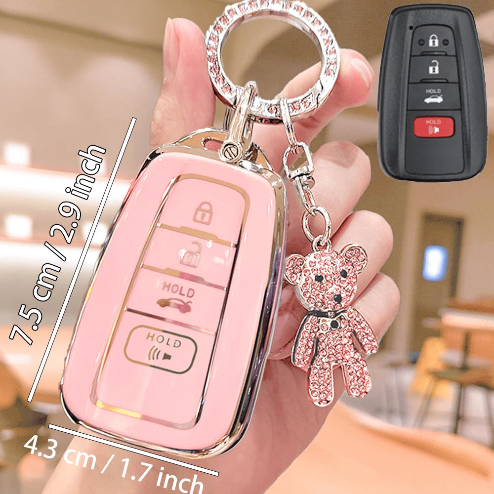 Rhinestone Bear Pendant Keychain With Full Protective TPU Key Fob Case, Fit For Cars 2018-2022 RAV4, Camry, Corolla, Avalon, C-HR, Prius, GT86, Highlander, Ideal Gift For Men And Women