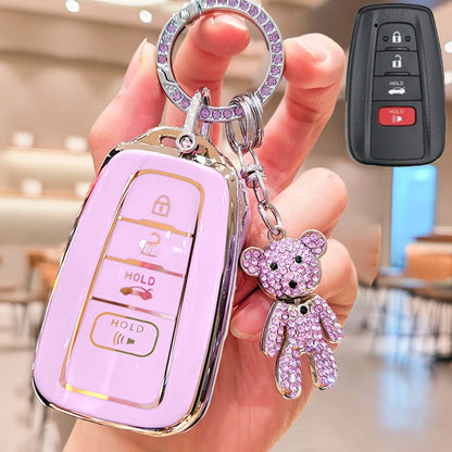 Rhinestone Bear Pendant Keychain With Full Protective TPU Key Fob Case, Fit For Cars 2018-2022 RAV4, Camry, Corolla, Avalon, C-HR, Prius, GT86, Highlander, Ideal Gift For Men And Women