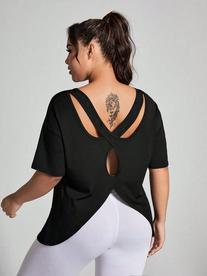 Rhythm Era Plus Size Women's Solid Color Simple Daily Short Sleeve T-Shirt, With Middle Back Opening Design Gym Shirts
