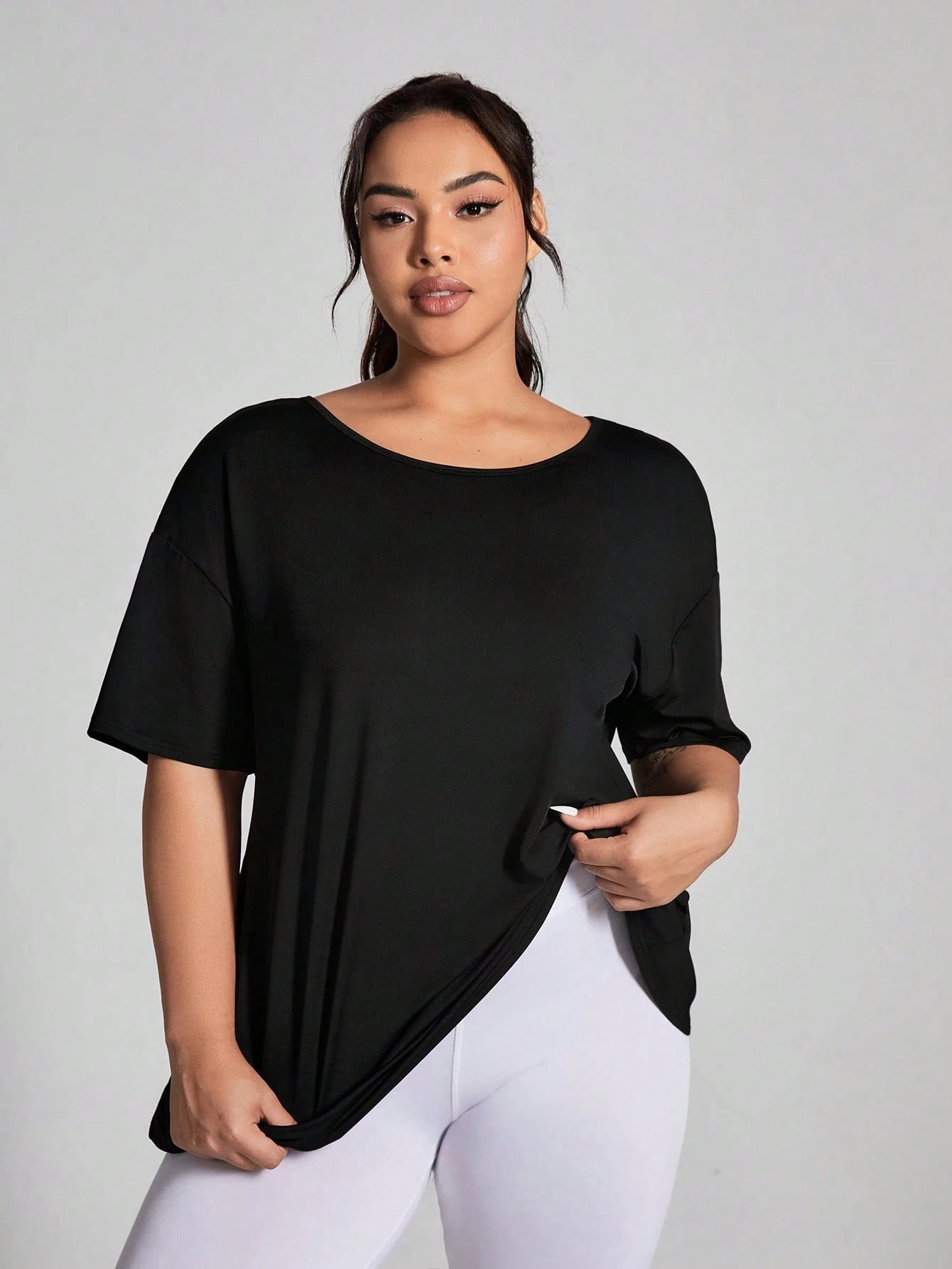 Rhythm Era Plus Size Women's Solid Color Simple Daily Short Sleeve T-Shirt, With Middle Back Opening Design Gym Shirts