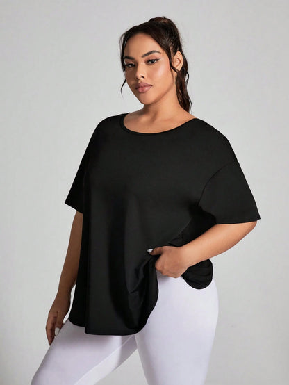 Rhythm Era Plus Size Women's Solid Color Simple Daily Short Sleeve T-Shirt, With Middle Back Opening Design Gym Shirts