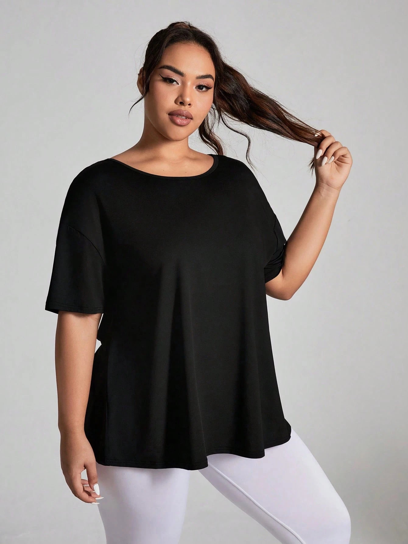 Rhythm Era Plus Size Women's Solid Color Simple Daily Short Sleeve T-Shirt, With Middle Back Opening Design Gym Shirts