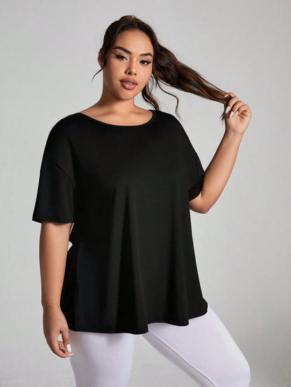 Rhythm Era Plus Size Women's Solid Color Simple Daily Short Sleeve T-Shirt, With Middle Back Opening Design Gym Shirts