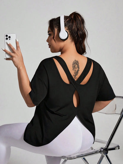 Rhythm Era Plus Size Women's Solid Color Simple Daily Short Sleeve T-Shirt, With Middle Back Opening Design Gym Shirts