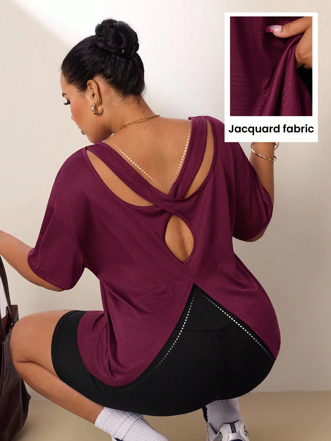 Rhythm Era Plus Size Women's Solid Color Simple Daily Short Sleeve T-Shirt, With Middle Back Opening Design Gym Shirts