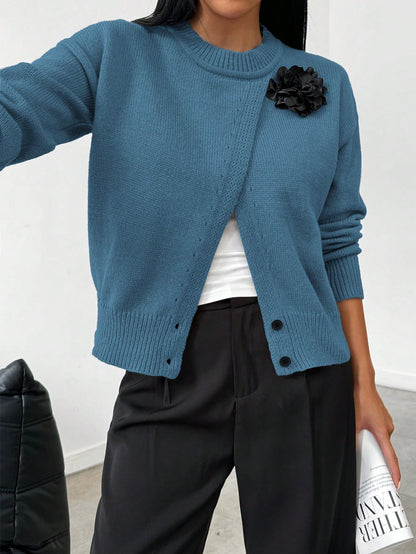 Roamenne Roamenne 1pc Women Casual Floral 3D Decor Split Side Pullover Sweater, Autumn/Winter, Long Sleeve Top Knit Pullover Fall