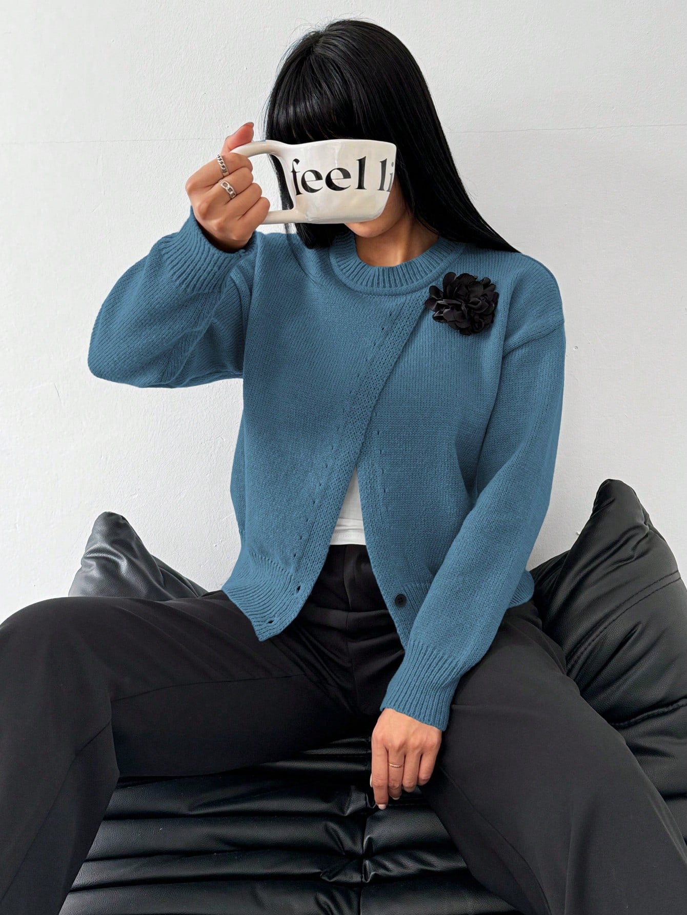 Roamenne Roamenne 1pc Women Casual Floral 3D Decor Split Side Pullover Sweater, Autumn/Winter, Long Sleeve Top Knit Pullover Fall