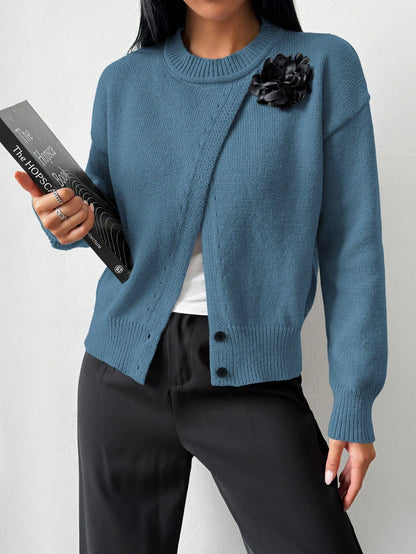 Roamenne Roamenne 1pc Women Casual Floral 3D Decor Split Side Pullover Sweater, Autumn/Winter, Long Sleeve Top Knit Pullover Fall