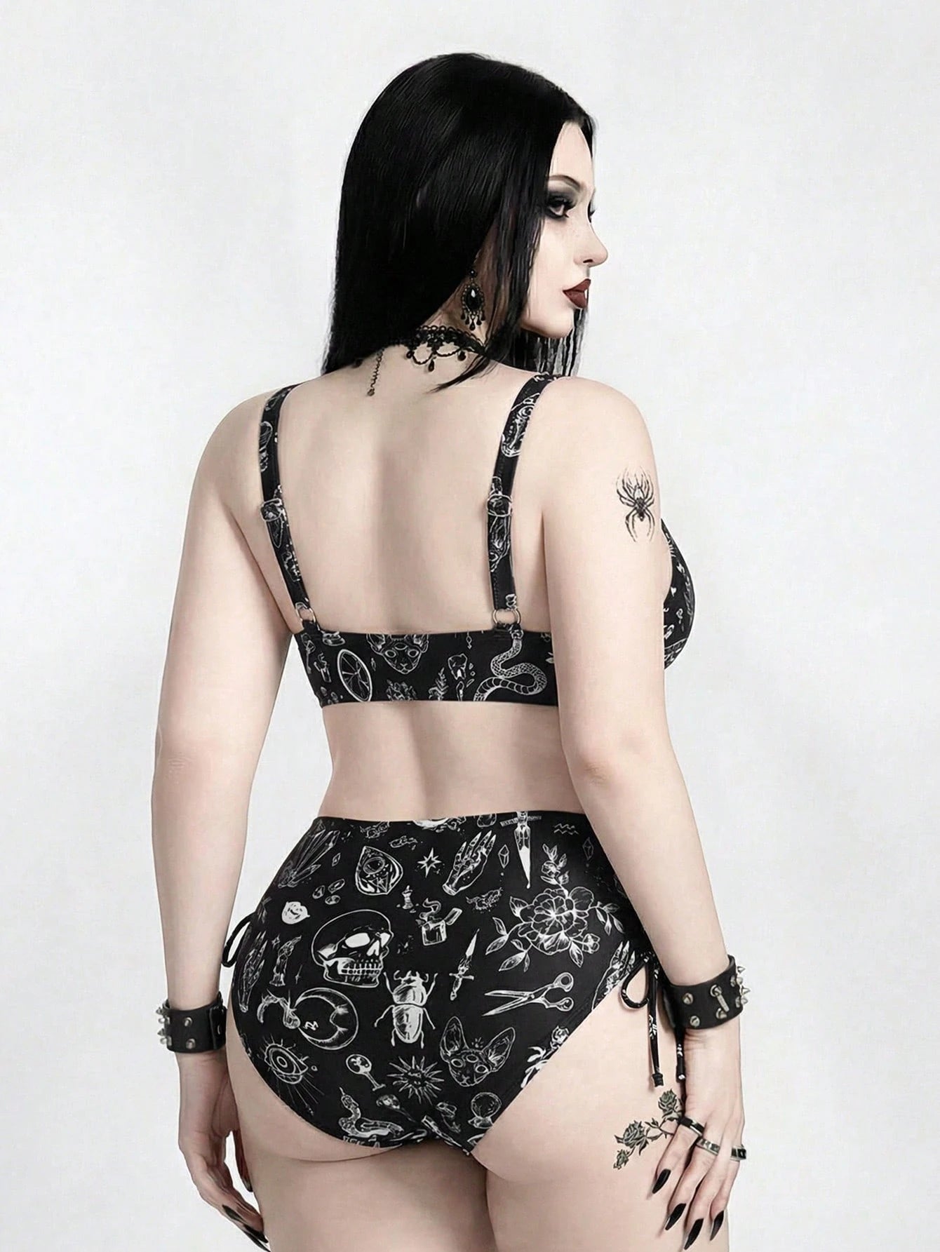 ROMWE 2026 New Plus Size Goth Swimsuit For Women,Punk Style Dark Print Tankini High Waist Bikini 2 Pieces Set,Mysterious Retro Black N White Beach Swimwear