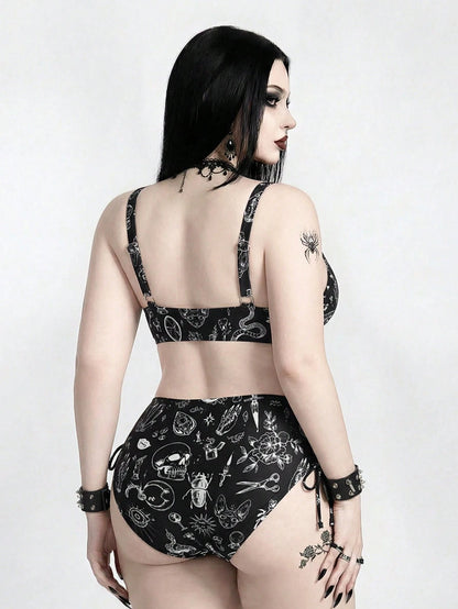ROMWE 2026 New Plus Size Goth Swimsuit For Women,Punk Style Dark Print Tankini High Waist Bikini 2 Pieces Set,Mysterious Retro Black N White Beach Swimwear