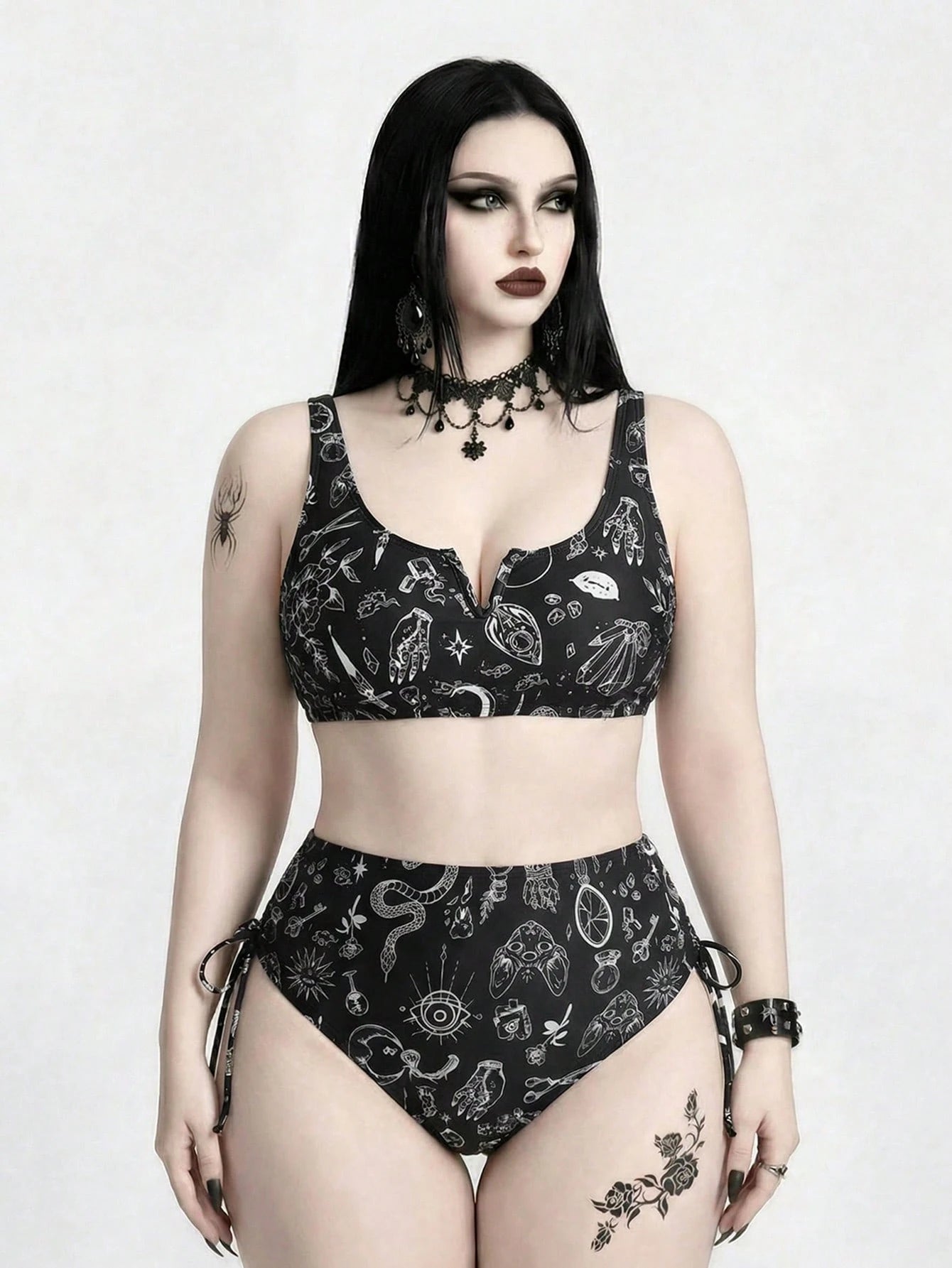 ROMWE 2026 New Plus Size Goth Swimsuit For Women,Punk Style Dark Print Tankini High Waist Bikini 2 Pieces Set,Mysterious Retro Black N White Beach Swimwear
