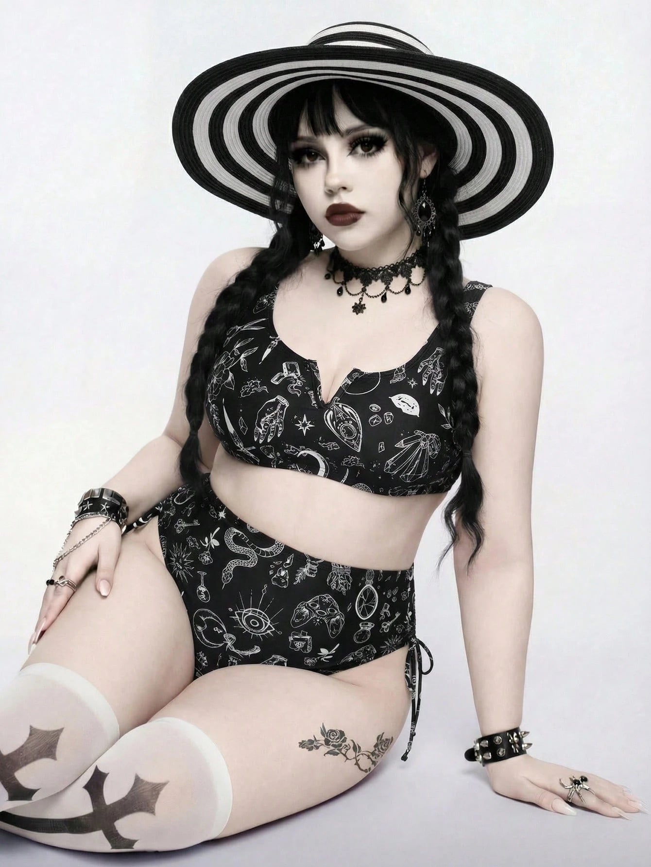 ROMWE 2026 New Plus Size Goth Swimsuit For Women,Punk Style Dark Print Tankini High Waist Bikini 2 Pieces Set,Mysterious Retro Black N White Beach Swimwear