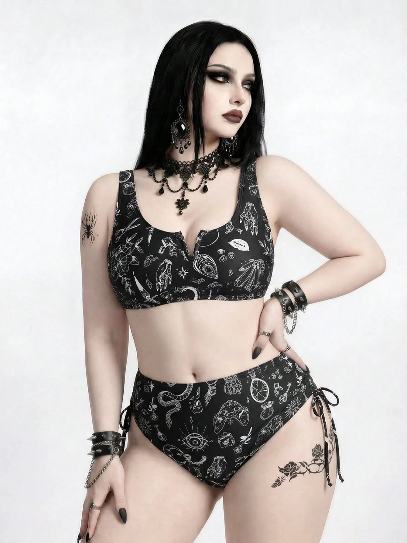 ROMWE 2026 New Plus Size Goth Swimsuit For Women,Punk Style Dark Print Tankini High Waist Bikini 2 Pieces Set,Mysterious Retro Black N White Beach Swimwear