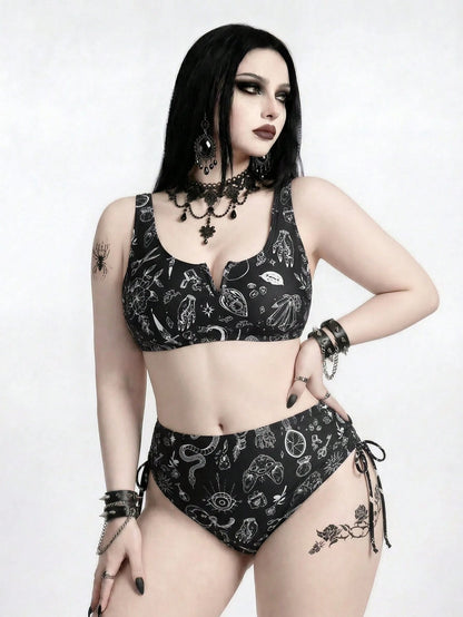 ROMWE 2026 New Plus Size Goth Swimsuit For Women,Punk Style Dark Print Tankini High Waist Bikini 2 Pieces Set,Mysterious Retro Black N White Beach Swimwear