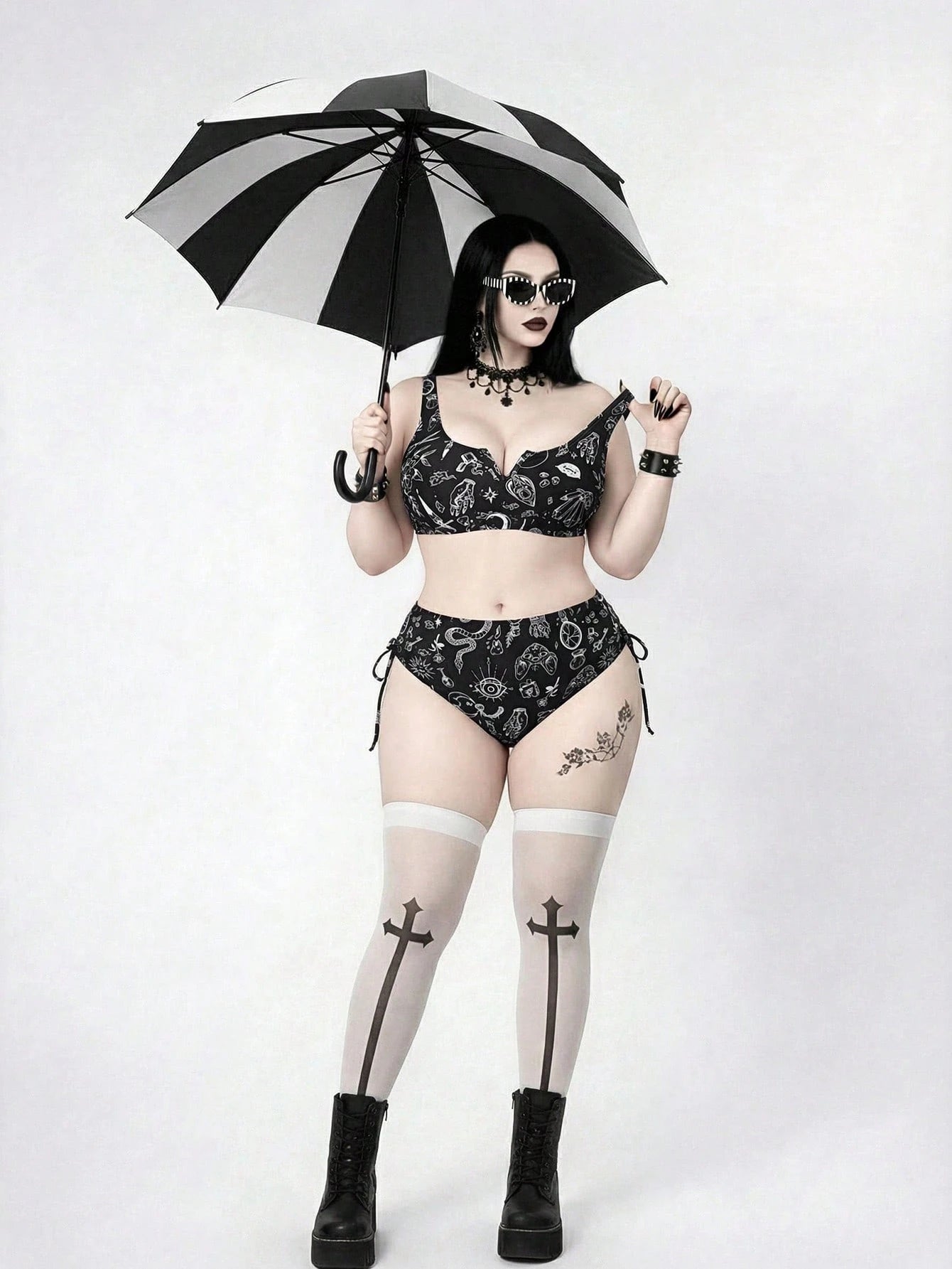 ROMWE 2026 New Plus Size Goth Swimsuit For Women,Punk Style Dark Print Tankini High Waist Bikini 2 Pieces Set,Mysterious Retro Black N White Beach Swimwear